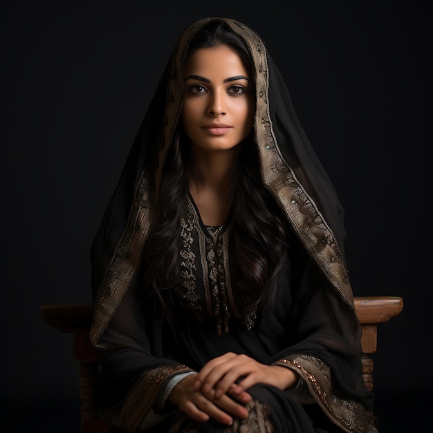 Mulher paquistanesa sentada em um fundo preto