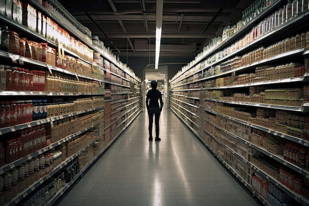 Mulher parada no interior do supermercado entre prateleiras e escolhendo produtos Generative AI