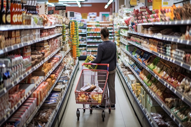 Mulher parada no interior do supermercado entre prateleiras e escolhendo produtos Generative AI