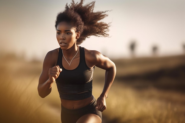 Mulher, parque, exercício, treinamento, menina, corrida, atleta africana, saudável, americana, Generative AI