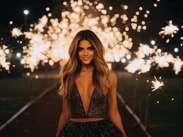 Mulher participando de uma festa de Ano Novo com um vestido elegante