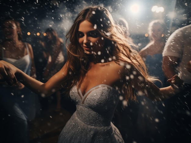 Mulher participando de uma festa de Ano Novo com um vestido elegante