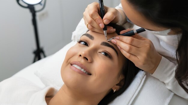 Foto mulher passando por um procedimento de microblading