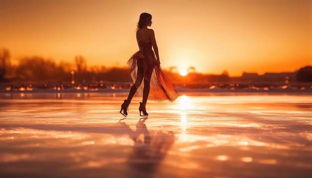 mulher patinando no lago à luz do pôr do sol