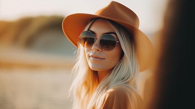 Mulher pensativa com um bonito chapéu e óculos olhando para a câmera
