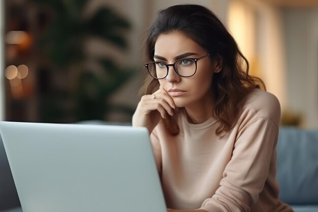 Mulher pensativa contemplando desafios profundamente em seus pensamentos enquanto está ocupada com o laptop