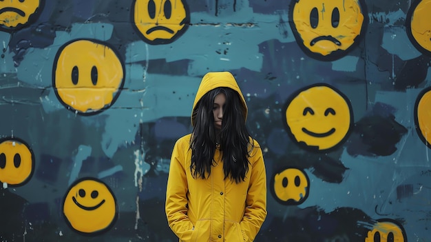 Foto mulher pensativa em impermeável amarelo de pé na frente da parede azul com smileys amarelos pintados ela está olhando para baixo com uma expressão triste em seu rosto