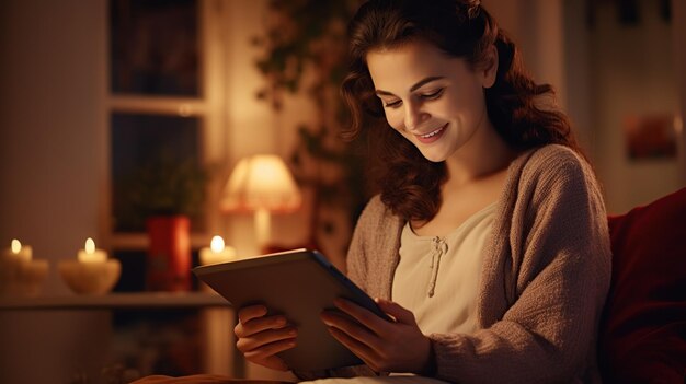 Foto mulher pensativa feliz usando tablet digital em casa converse com o namorado copie o espaço para texto