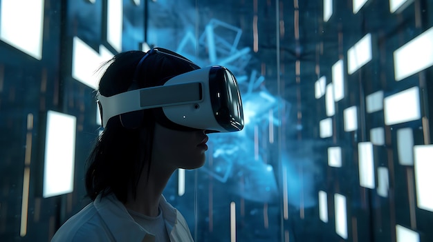 Mulher pensativa usando um fone de ouvido de realidade virtual ela está em uma sala futurista com luzes azuis refletindo nas paredes ela está perdida em seus pensamentos