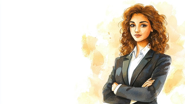 Mulher persa adolescente com cabelo rizado castanho ilustração em aquarela