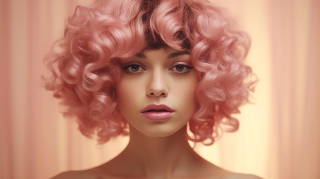 Mulher persa adulta fotorrealista com cabelo rizado rosa Ilustração retro