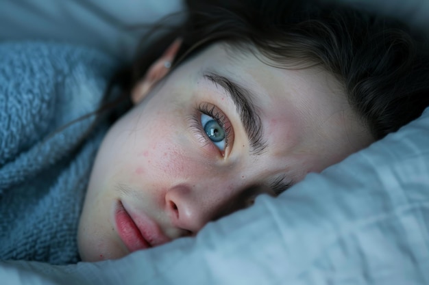 Mulher perturbada com insônia horas de vigília refletidas em seus olhos expressivos