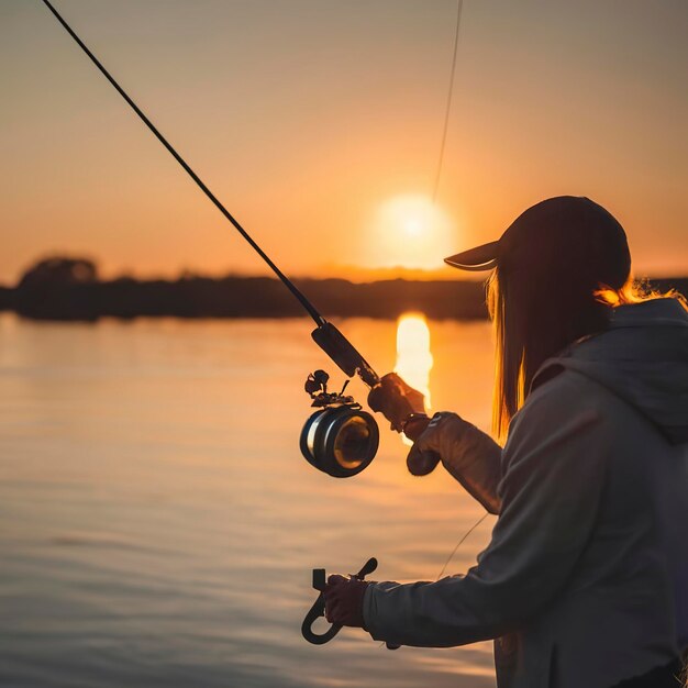 Mulher pescando na vara de pesca girando no fundo do pôr do sol