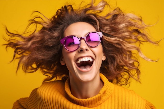 Mulher pessoa moda beleza rosa atraente óculos de sol caucasianos amarelo retrato jovem IA generativa