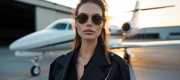 Foto mulher piloto de óculos de sol de pé no aeroporto pronta para voo de companhia aérea corporativa