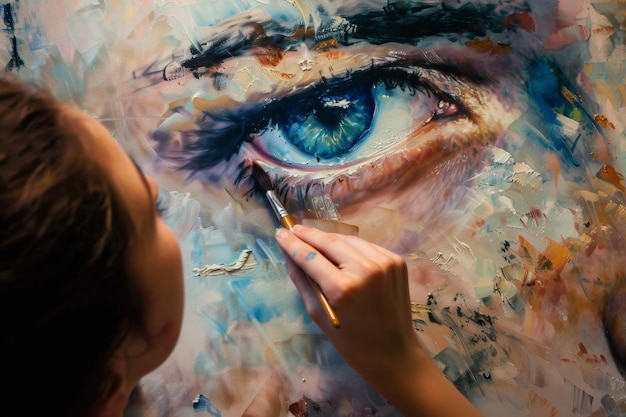 Mulher pintando um retrato de uma IA gerativa de olhos azuis