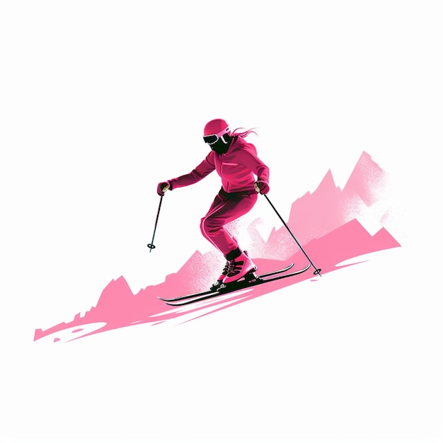 Mulher plana cor-de-rosa em silhueta de esqui em fundo branco
