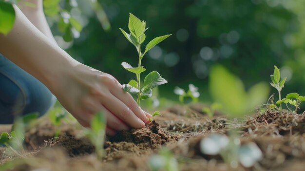 Mulher plantando árvores no jardim para salvar o mundo