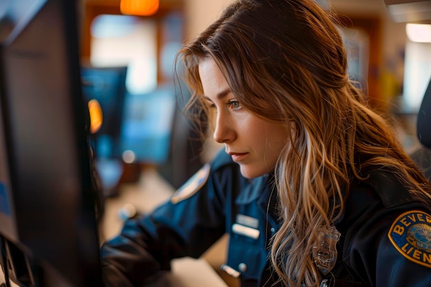 Mulher policial em uniforme trabalhando na estação analisando relatórios no computador