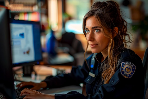 Mulher policial em uniforme trabalhando na estação de polícia analisando relatórios e documentos no computador