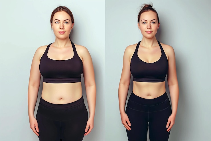Foto mulher posando antes e depois da perda de peso dieta e nutrição saudável resultados de condicionamento físico ficam em forma resultados de lipoaspiração cirurgia plástica transformação de gordura em atleta treinamento com excesso de peso e magro