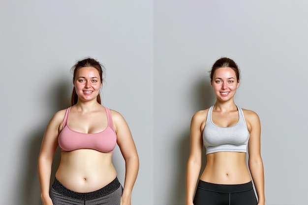 Mulher posando antes e depois da perda de peso Dieta e nutrição saudável Resultados de condicionamento físico ficam em forma Resultados de lipoaspiração cirurgia plástica Transformação de gordura em atleta Treinamento com excesso de peso e magro