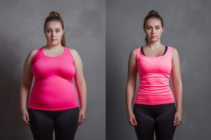 Foto mulher posando antes e depois da perda de peso dieta e nutrição saudável resultados de fitness ficam em forma resultados de liposucção cirurgia plástica transformação de gordura em atleta treinamento de sobrepeso e magreza