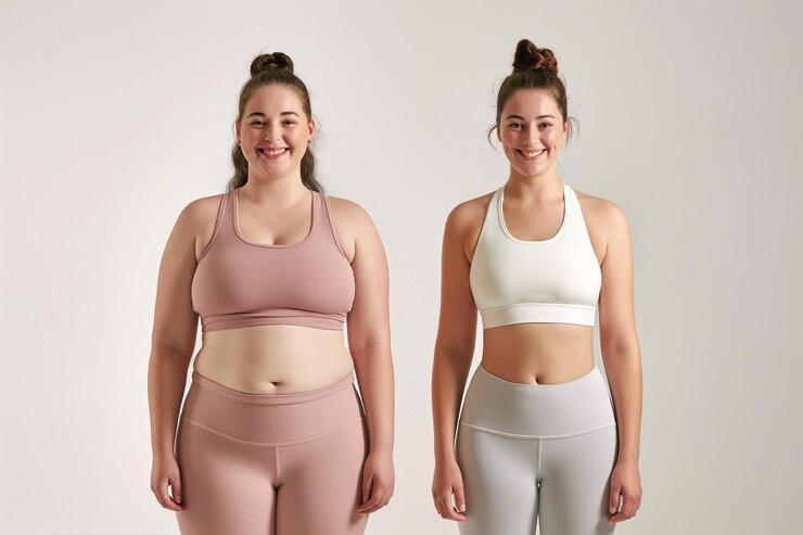 Foto mulher posando antes e depois da perda de peso dieta e nutrição saudável resultados de fitness ficam em forma resultados de liposucção cirurgia plástica transformação de gordura em atleta treinamento de sobrepeso e magreza