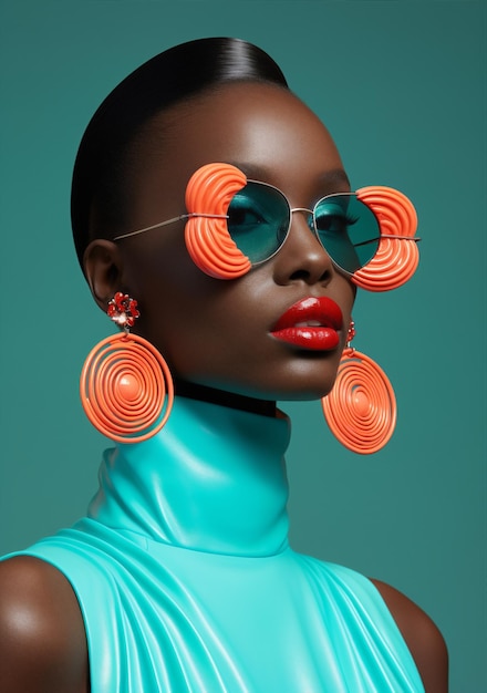 Mulher posando óculos de cor preta na moda retrato americano óculos de sol de beleza africana na moda