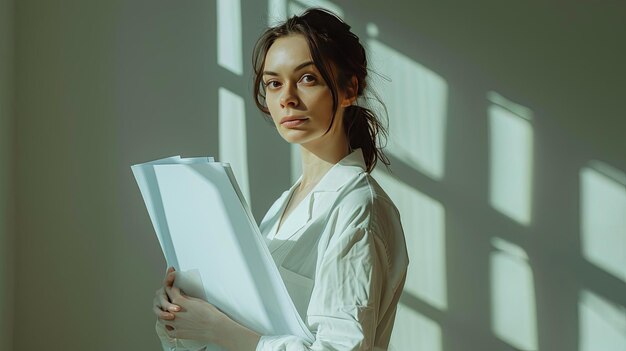 Foto mulher posando segurando um papel em branco isolado em branco no estilo de domínio de paisagem de cores silenciadas