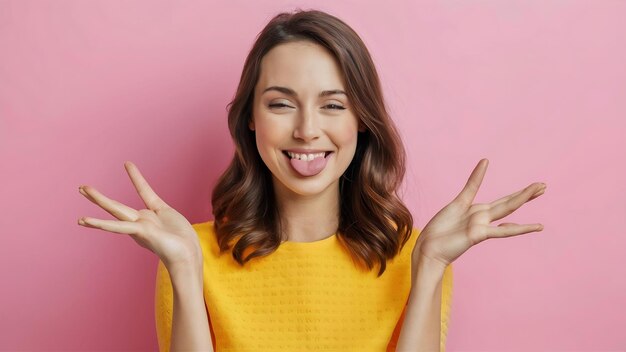 Mulher positiva sorrindo modelo engraçado posando perto da parede rosa em estúdio mostra língua e pisca