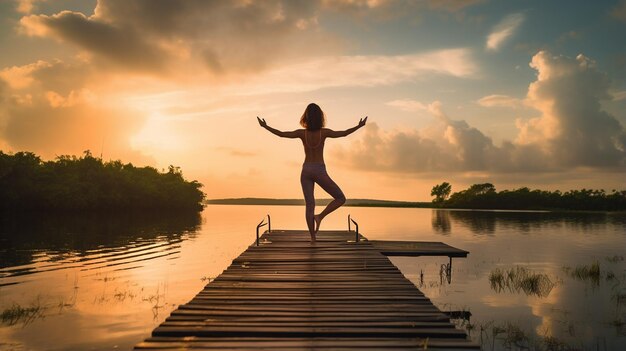 Mulher_practicando_estendendo_exercício_em_jetmulher no lago