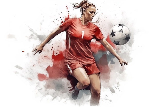 Mulher praticando futebol Pintura em aquarela Generative AI