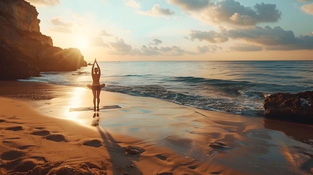 Mulher praticando ioga ao pôr-do-sol na praia