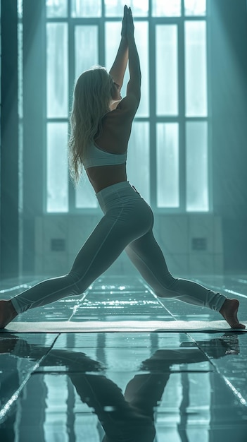 Mulher praticando ioga em uma sala mal iluminada