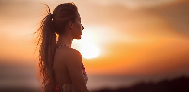 Mulher praticando meditação na hora do pôr do sol gerada por IA