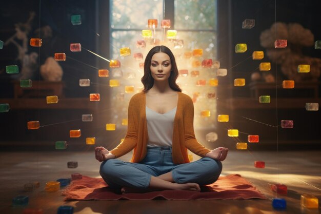 Foto mulher praticando mindfulness e espiritualidade em um estúdio de ioga