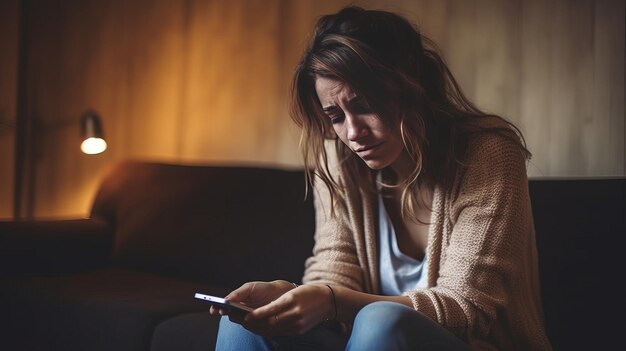 Mulher preocupada ligando para um serviço de emergência de falha de caldeira usando seu smartphone