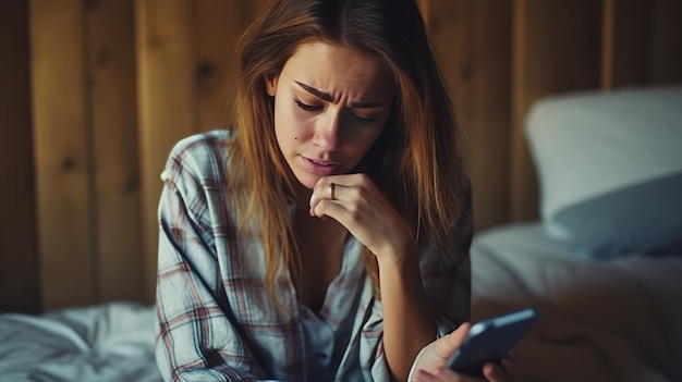 Mulher preocupada ligando para um serviço de emergência de falha de caldeira usando seu smartphone