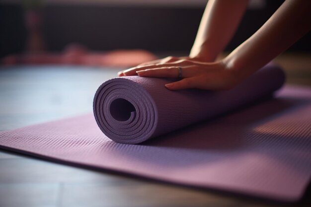 Mulher prepara tapete de exercícios no estúdio de ioga antes do treino