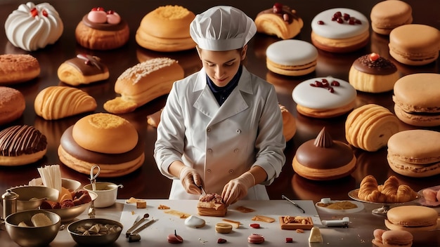 Mulher preparando bolos confeiteiro em um casaco