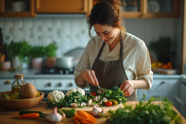 Foto mulher preparando legumes