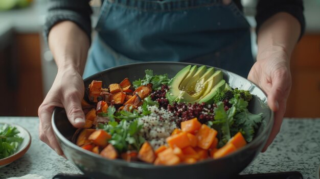 Foto mulher preparando uma tigela de buda colorida com quinoa, batatas doces assadas e abacate celebrando as qualidades nutritivas dos superalimentos