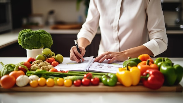 Mulher prescreve a si mesma um plano de dieta com legumes espalhados na mesa da cozinha