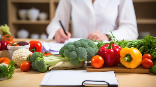 Mulher prescreve a si mesma um plano de dieta com vegetais espalhados na mesa da cozinha