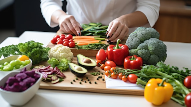 Mulher prescreve a si mesma um plano de dieta com vegetais espalhados na mesa da cozinha