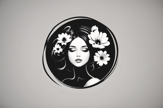 Mulher preta e branca ilustração plana em círculo retrato de logotipo com elemento botânico de flor