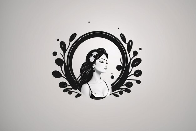 Mulher preta e branca ilustração plana em círculo retrato de logotipo com elemento botânico de flor