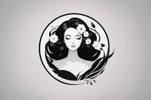 Mulher preta e branca ilustração plana em círculo retrato de logotipo com elemento botânico de flor