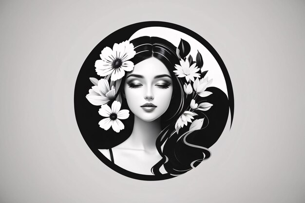 Mulher preta e branca ilustração plana em círculo retrato de logotipo com elemento botânico de flor